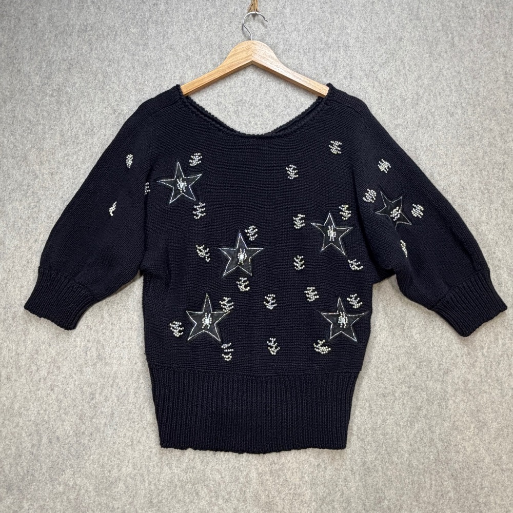 Vintage Y2K Whimsygoth Womens M Black Celestial Star Beaded Sweater Fairygrunge